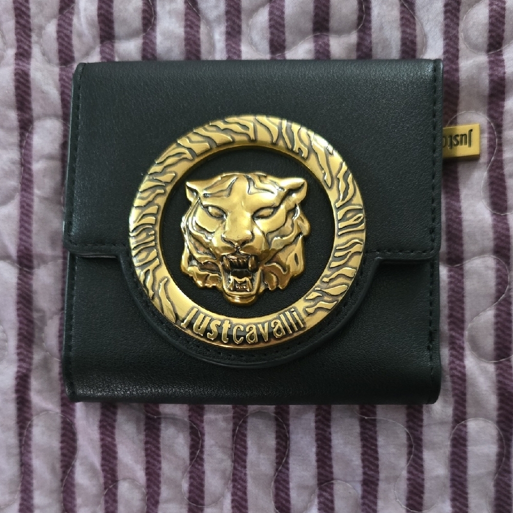 Just Cavalli Black Wallet with Gold Tiger Medallion